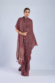 Maroon Chiffon Saree with Grey Ajrak