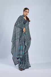 Dark Blue Chiffon Ajrak Print Saree