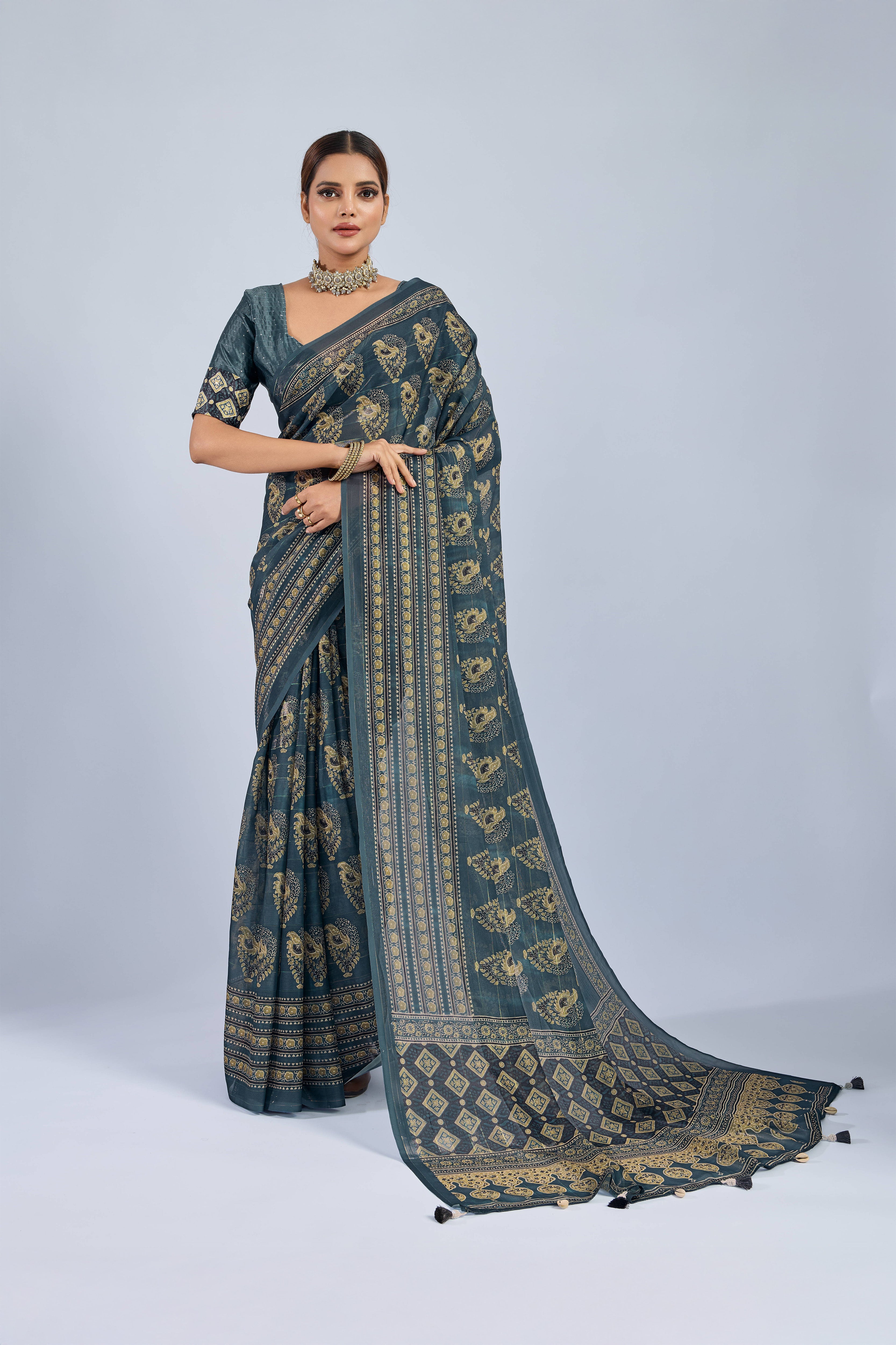 Dark Green Chiffon Saree with Yellow Ajrak