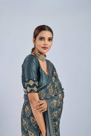 Dark Green Chiffon Saree with Yellow Ajrak