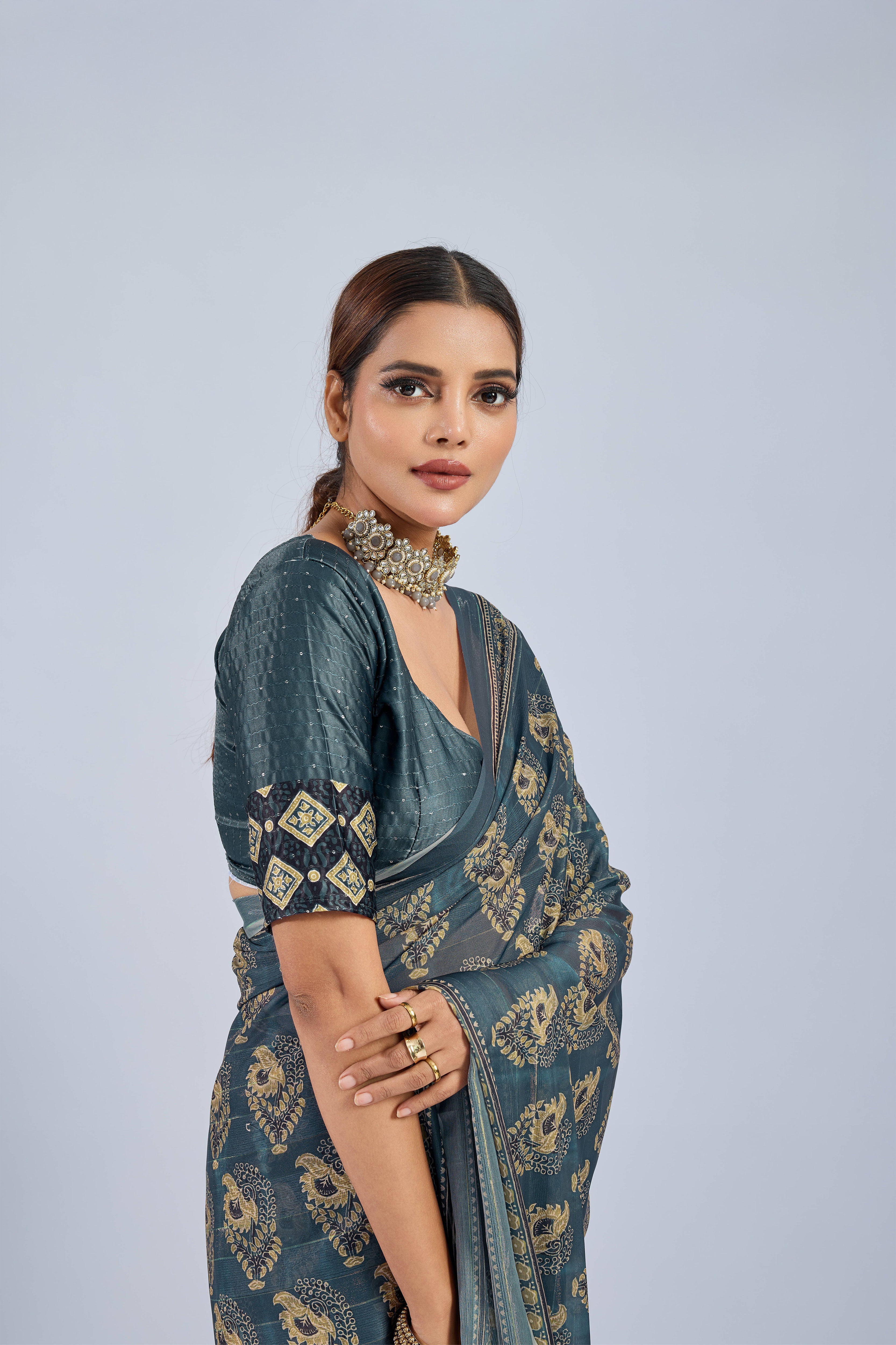 Dark Green Chiffon Saree with Yellow Ajrak