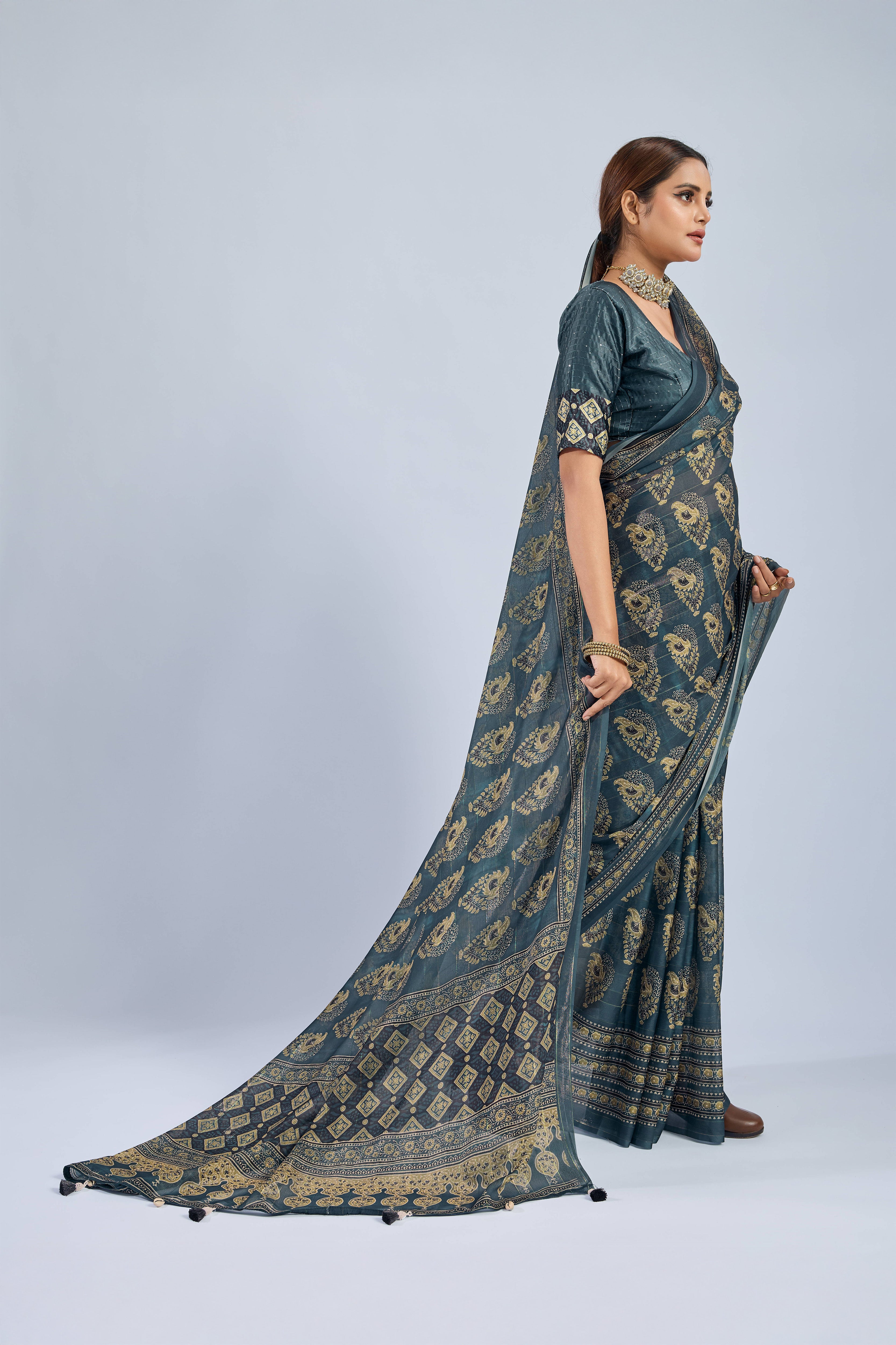 Dark Green Chiffon Saree with Yellow Ajrak