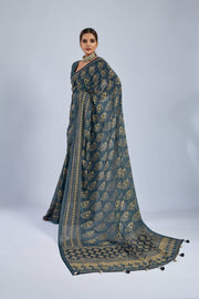 Dark Green Chiffon Saree with Yellow Ajrak