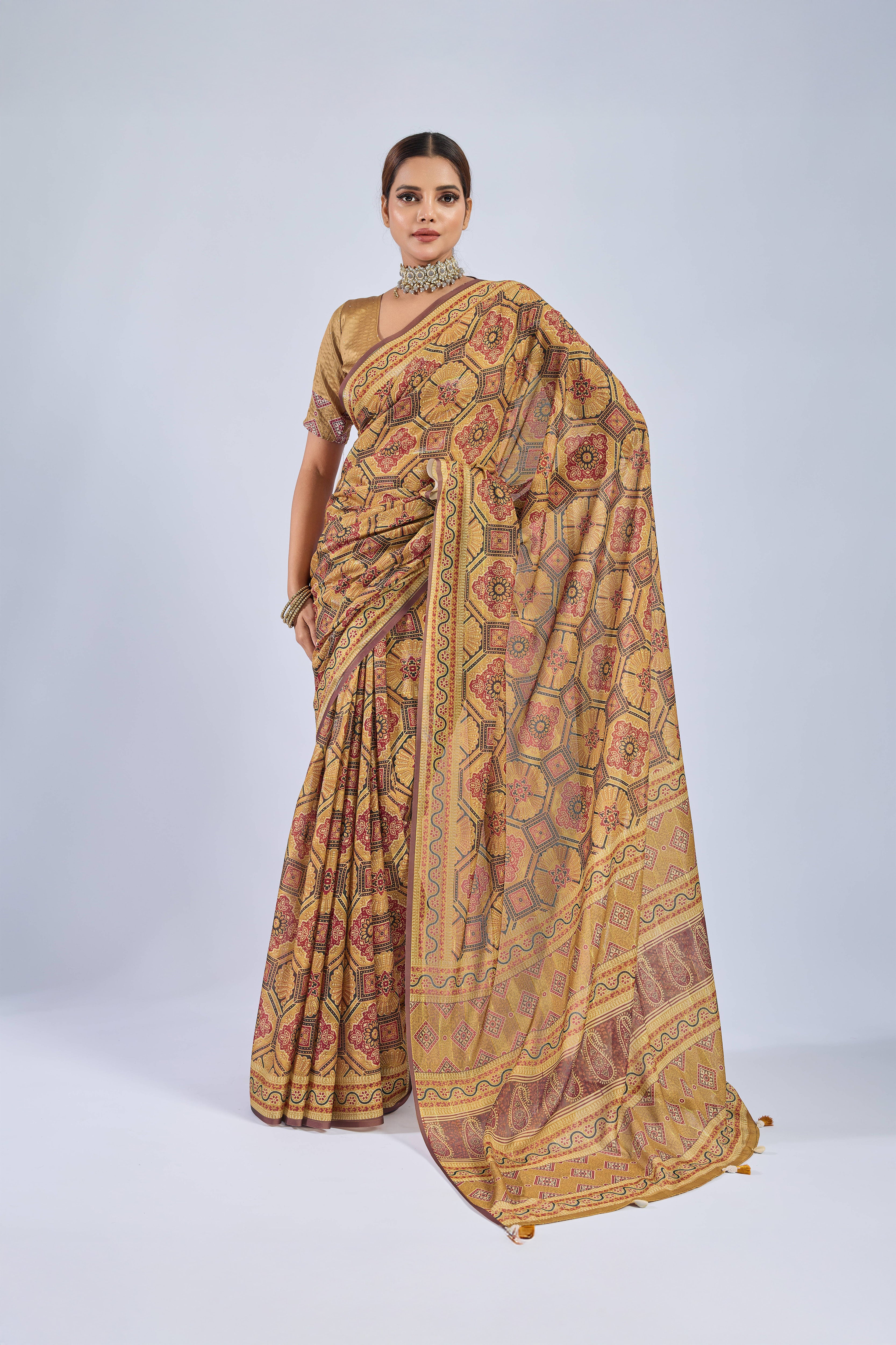 Yellow Chiffon Saree with Red Ajrak