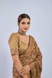 Yellow Chiffon Saree with Red Ajrak
