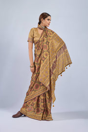 Yellow Chiffon Saree with Red Ajrak