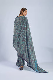 Dark Blue Chiffon Ajrak Print Saree