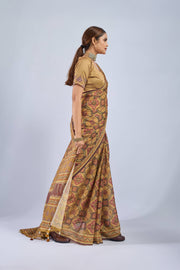 Yellow Chiffon Saree with Red Ajrak