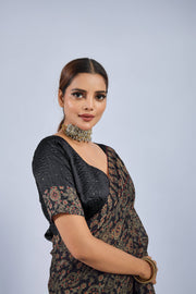 Black Chiffon Saree with Yellow Ajrak Print
