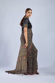 Black Chiffon Saree with Yellow Ajrak Print