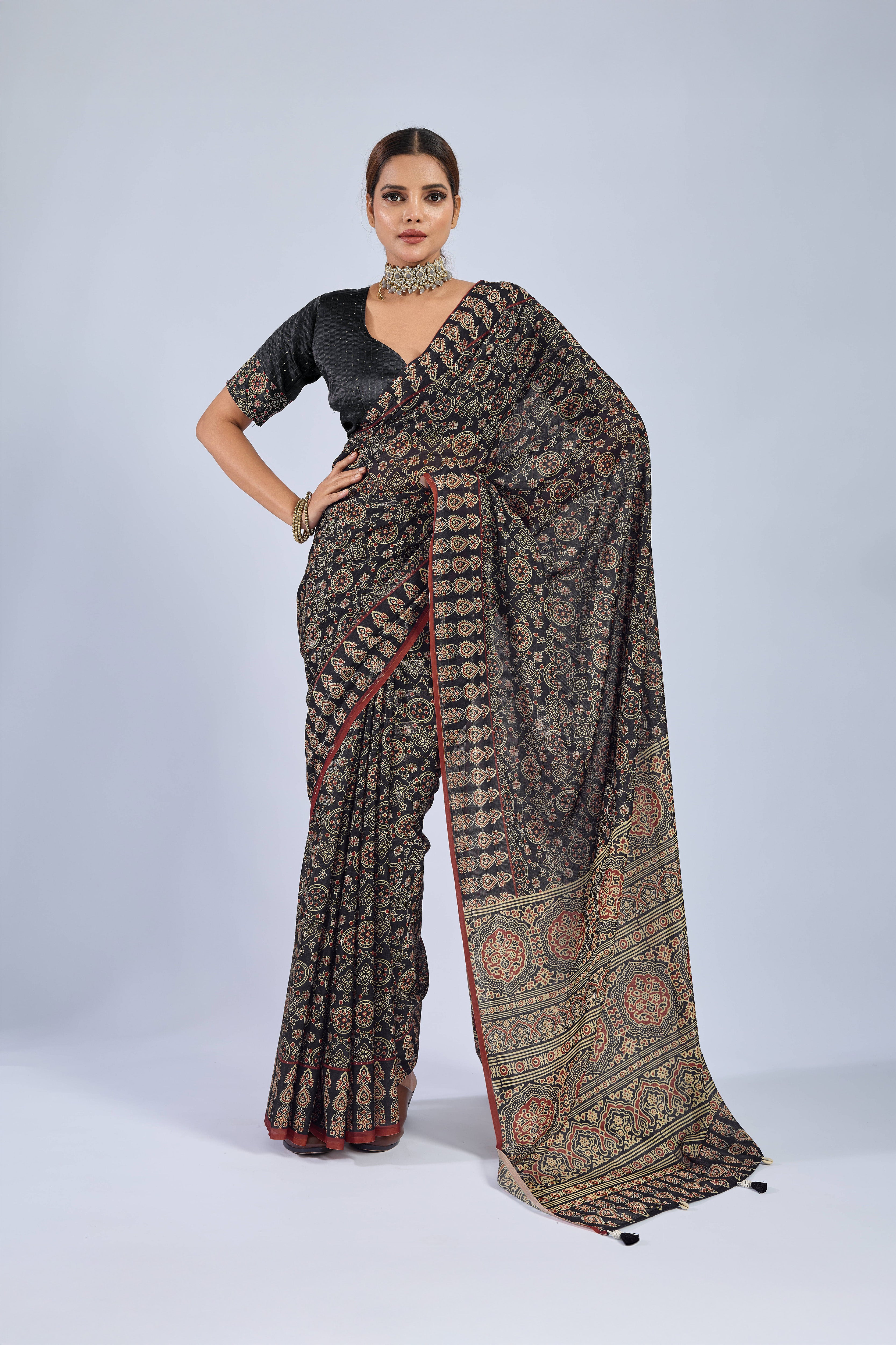 Black Chiffon Saree with Yellow Ajrak Print