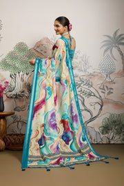 Multicolour Moss Zari Printed Saree with Blue Casab Zari Border