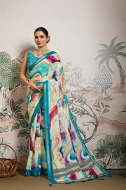 Multicolour Moss Zari Printed Saree with Blue Casab Zari Border