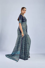 Dark Blue Chiffon Ajrak Print Saree