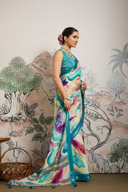 Multicolour Moss Zari Printed Saree with Blue Casab Zari Border