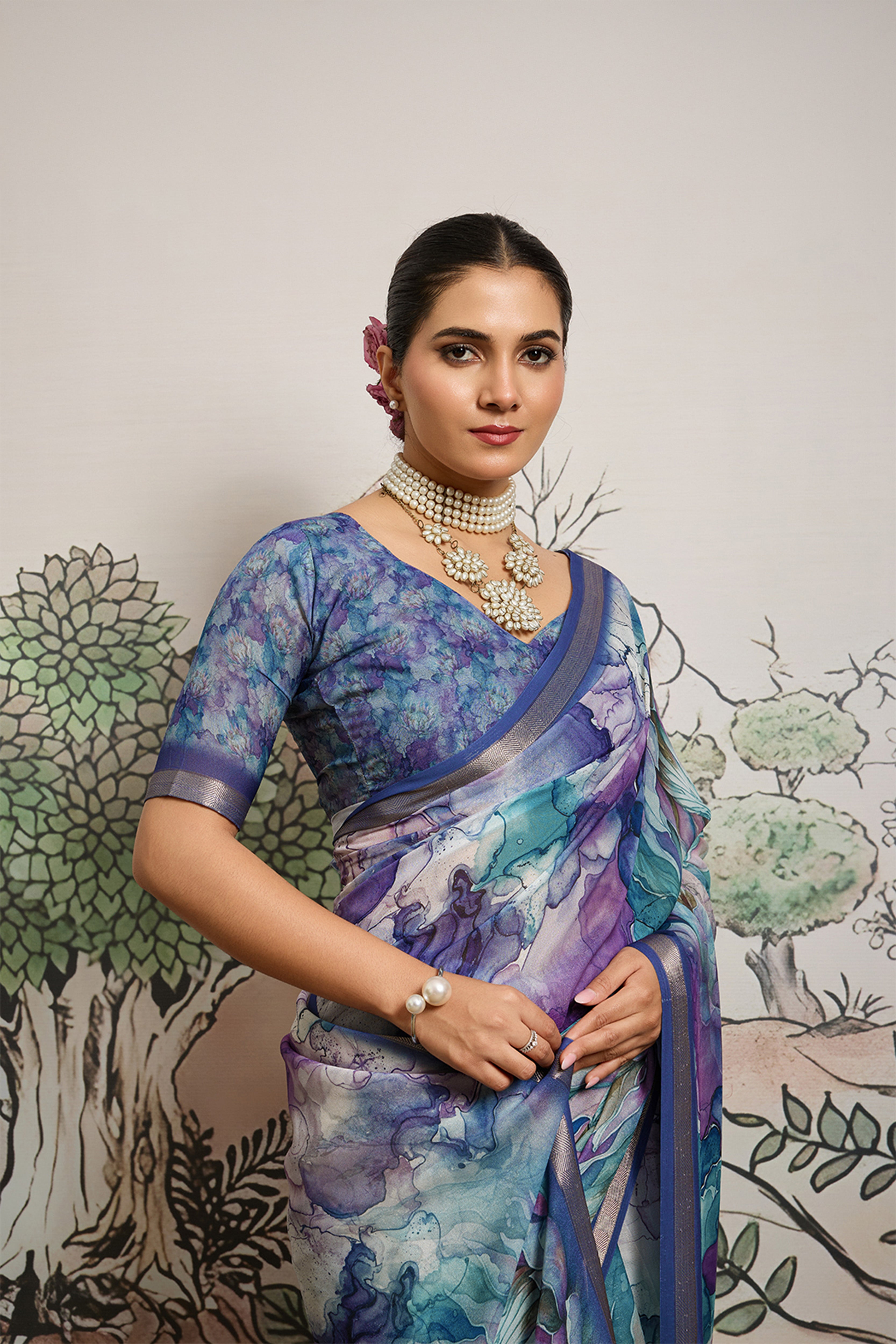 Purple Moss Zari Printed Saree with Casab Zari Border