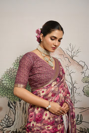 Light Brown Moss Zari Printed Saree with Casab Zari Border