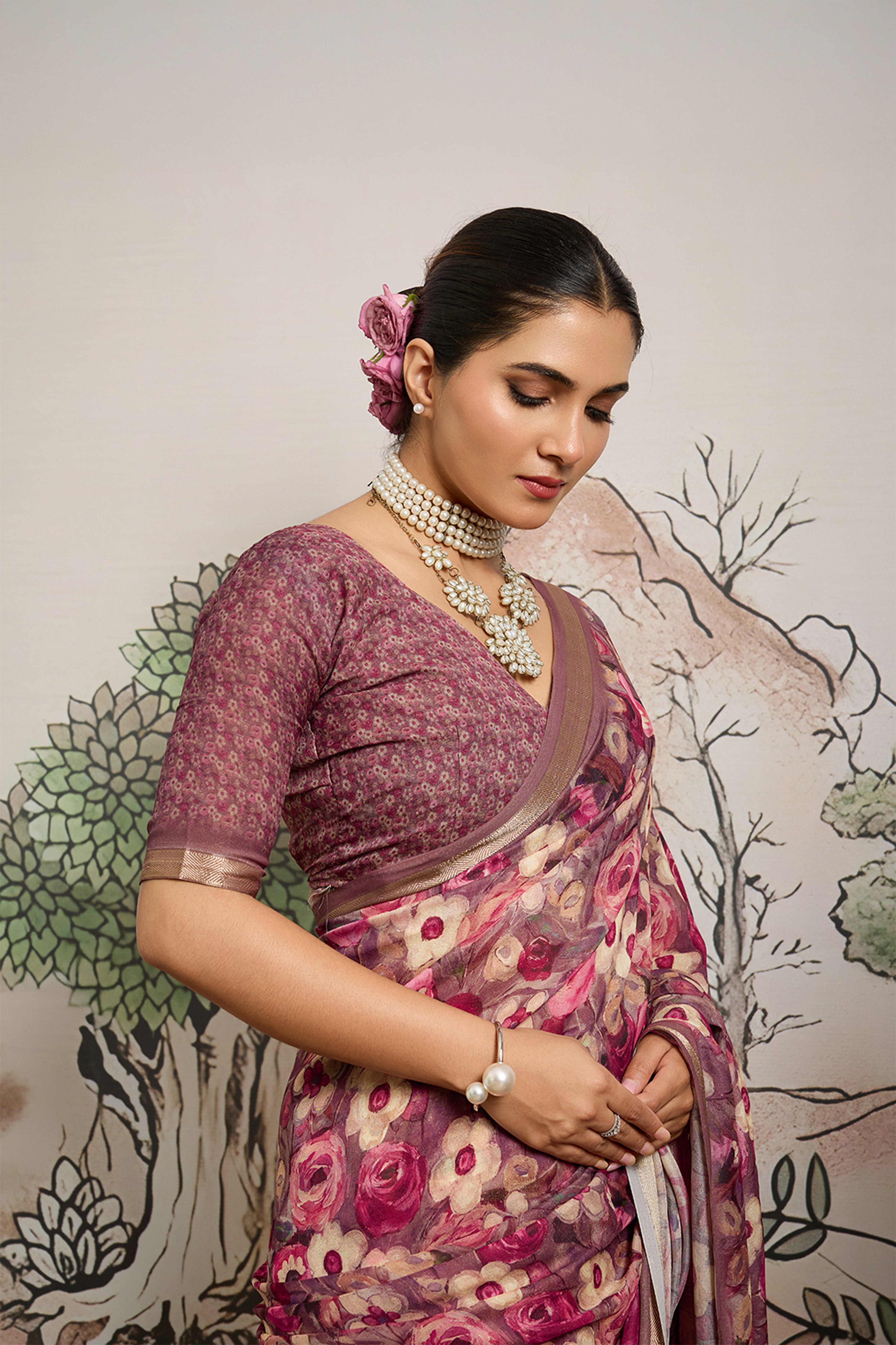 Light Brown Moss Zari Printed Saree with Casab Zari Border