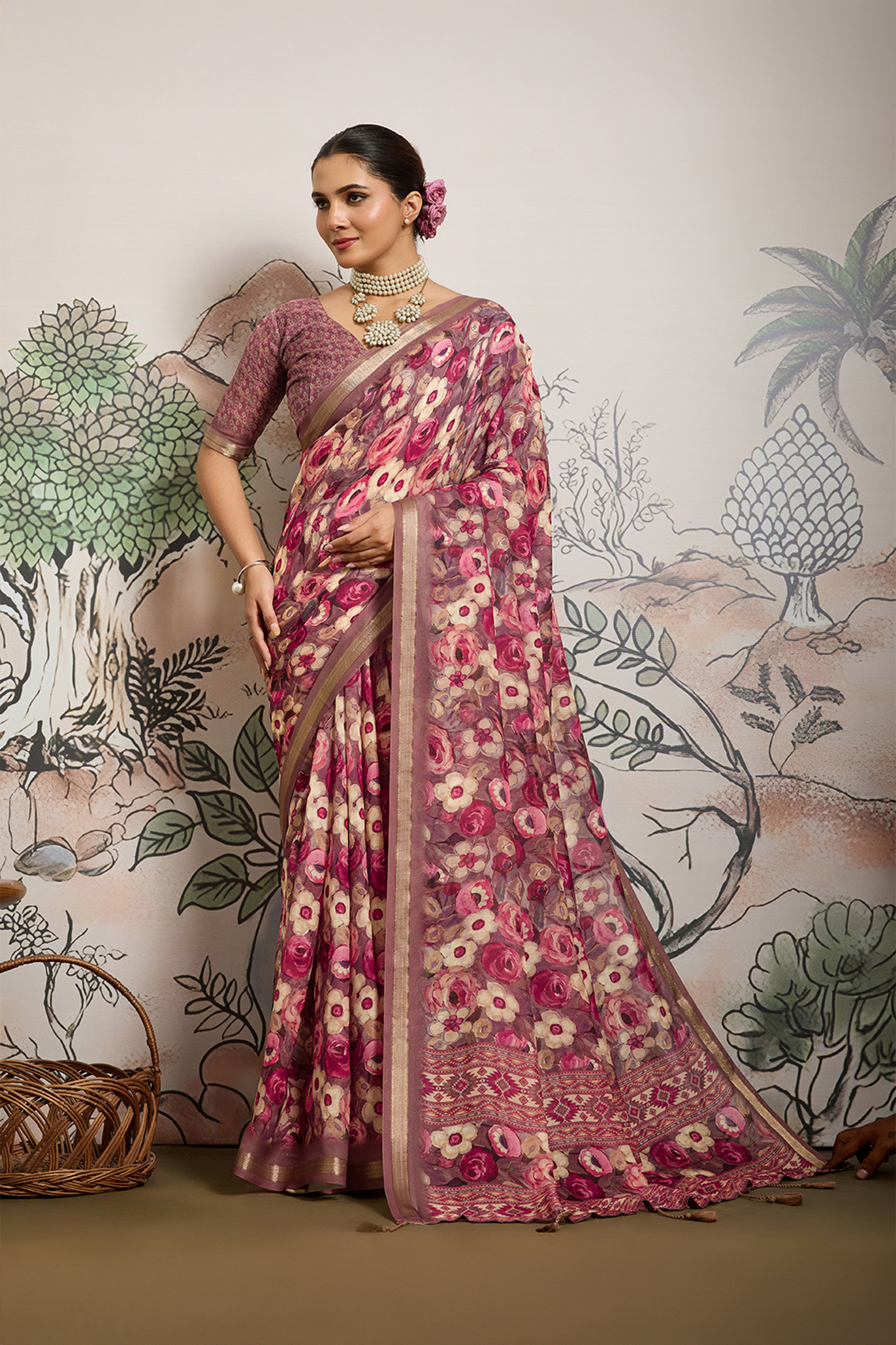 Light Brown Moss Zari Printed Saree with Casab Zari Border
