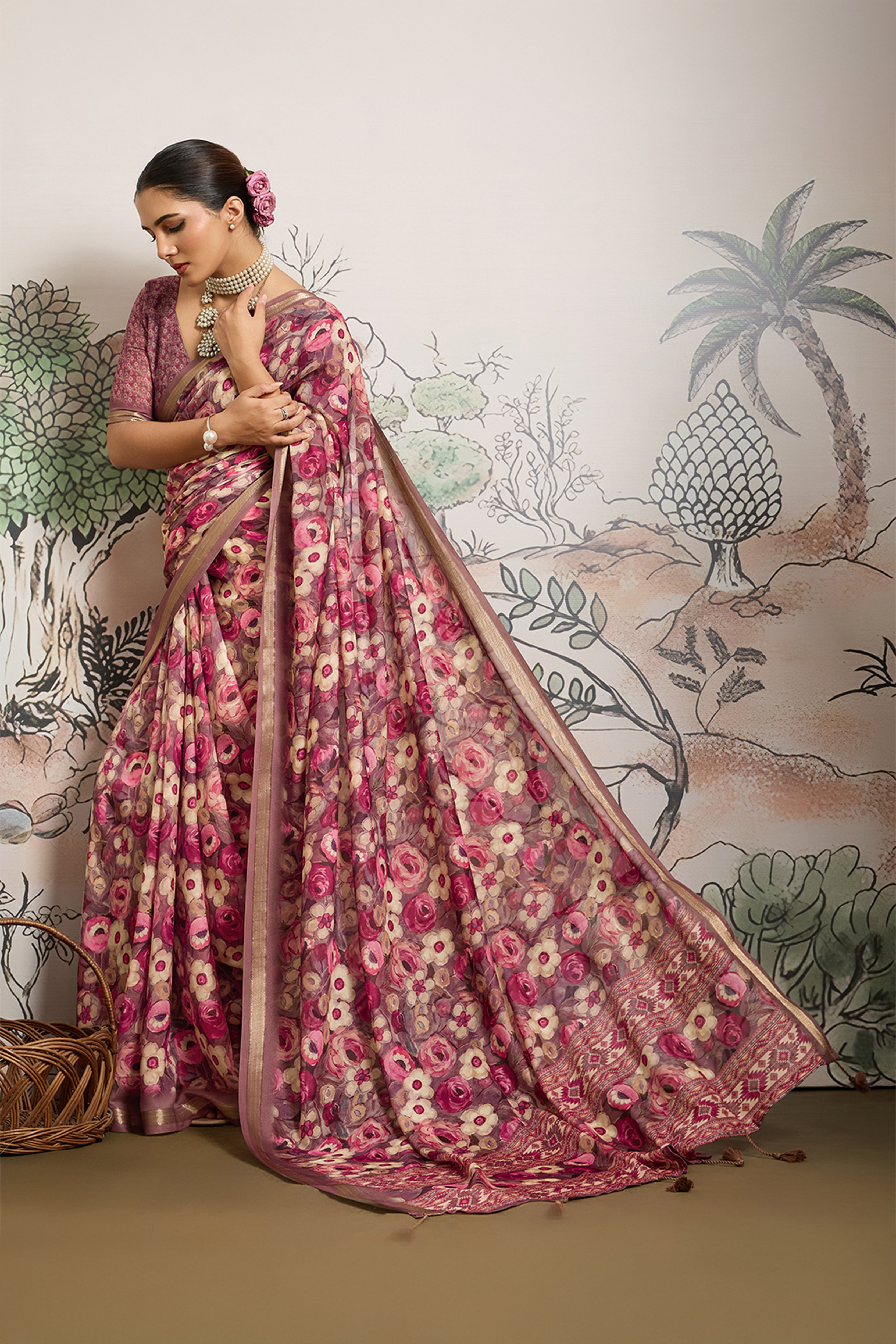 Light Brown Moss Zari Printed Saree with Casab Zari Border