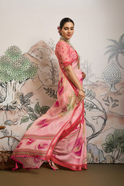 Baby Pink Moss Zari Printed Saree with Casab Zari Border