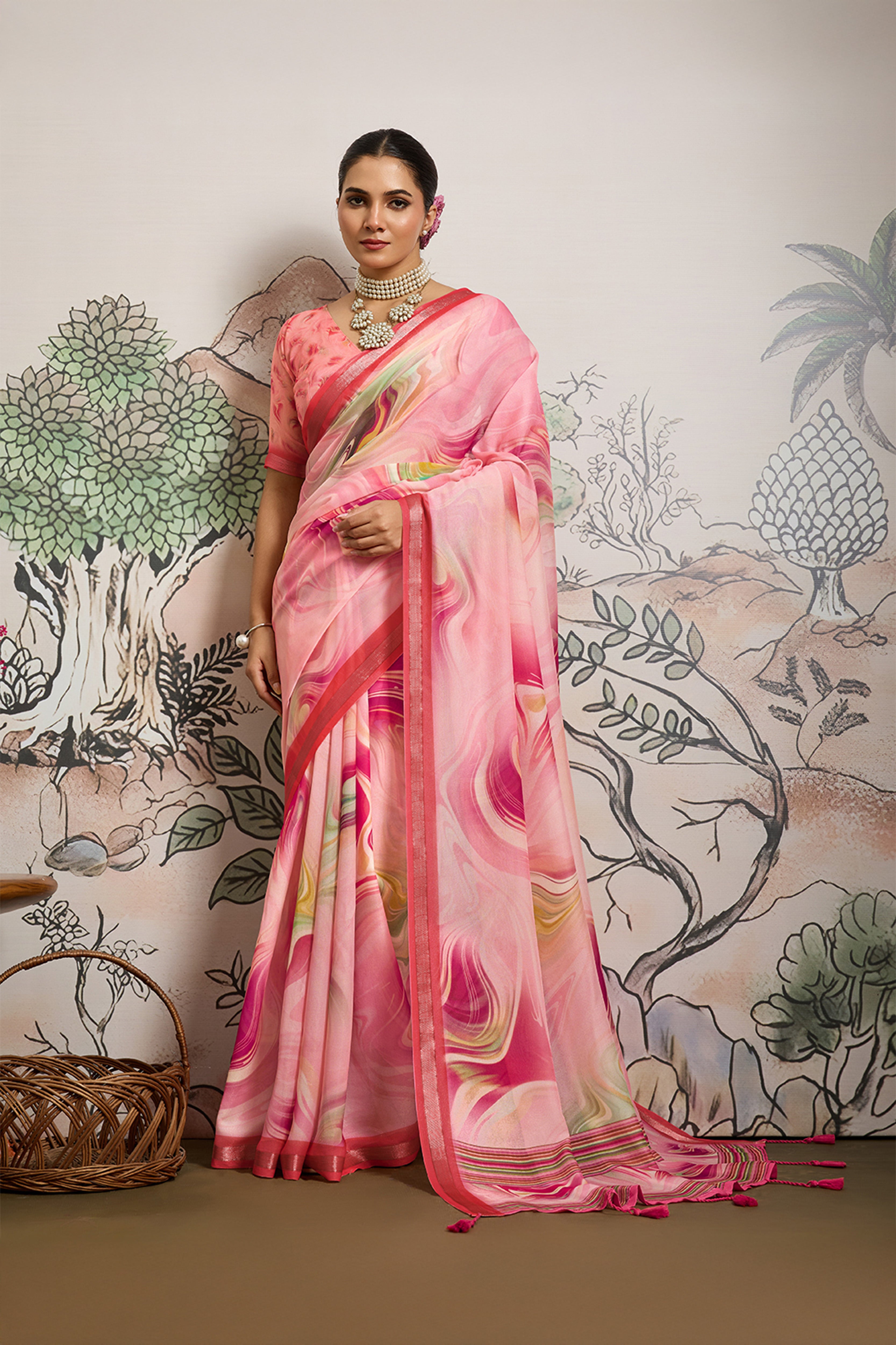 Baby Pink Moss Zari Printed Saree with Casab Zari Border
