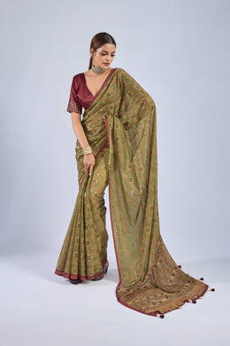 Mustard Chiffon Saree with Maroon Ajrak