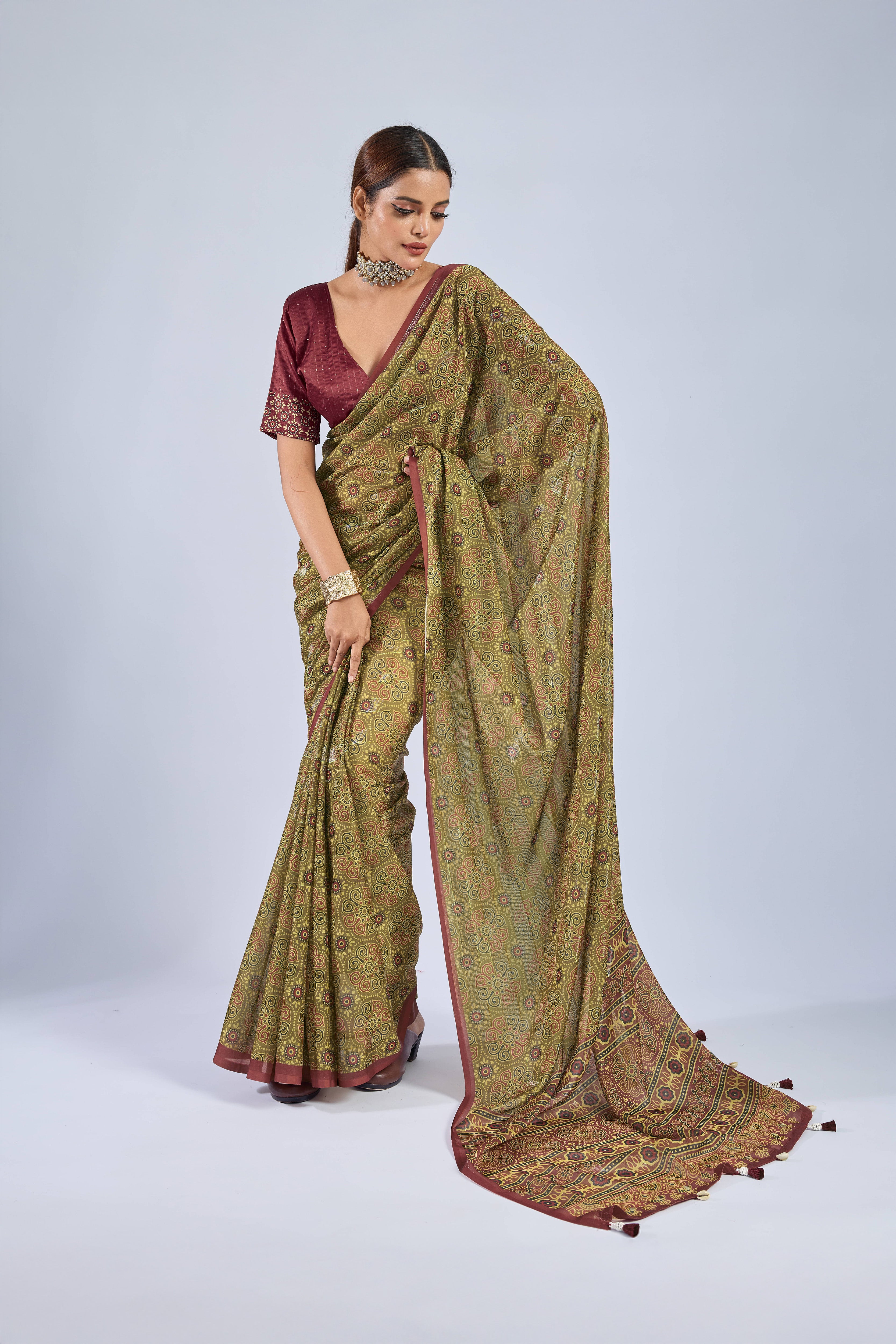 Mustard Chiffon Saree with Maroon Ajrak