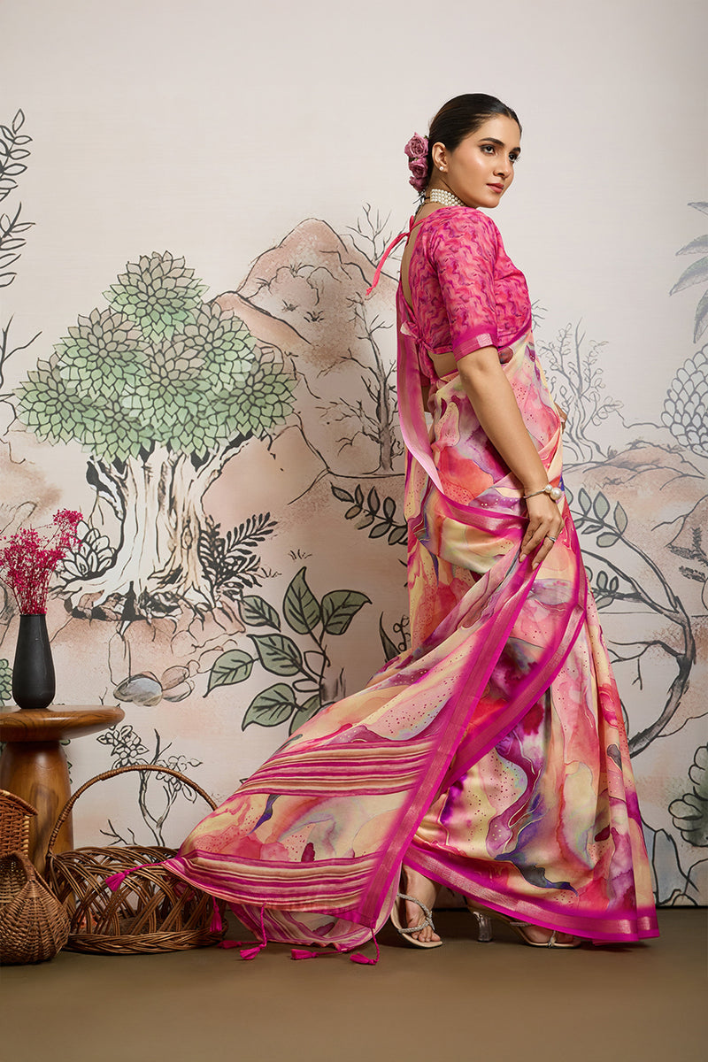 Pink Moss Zari Printed Saree with Casab Zari Border sedoracouture
