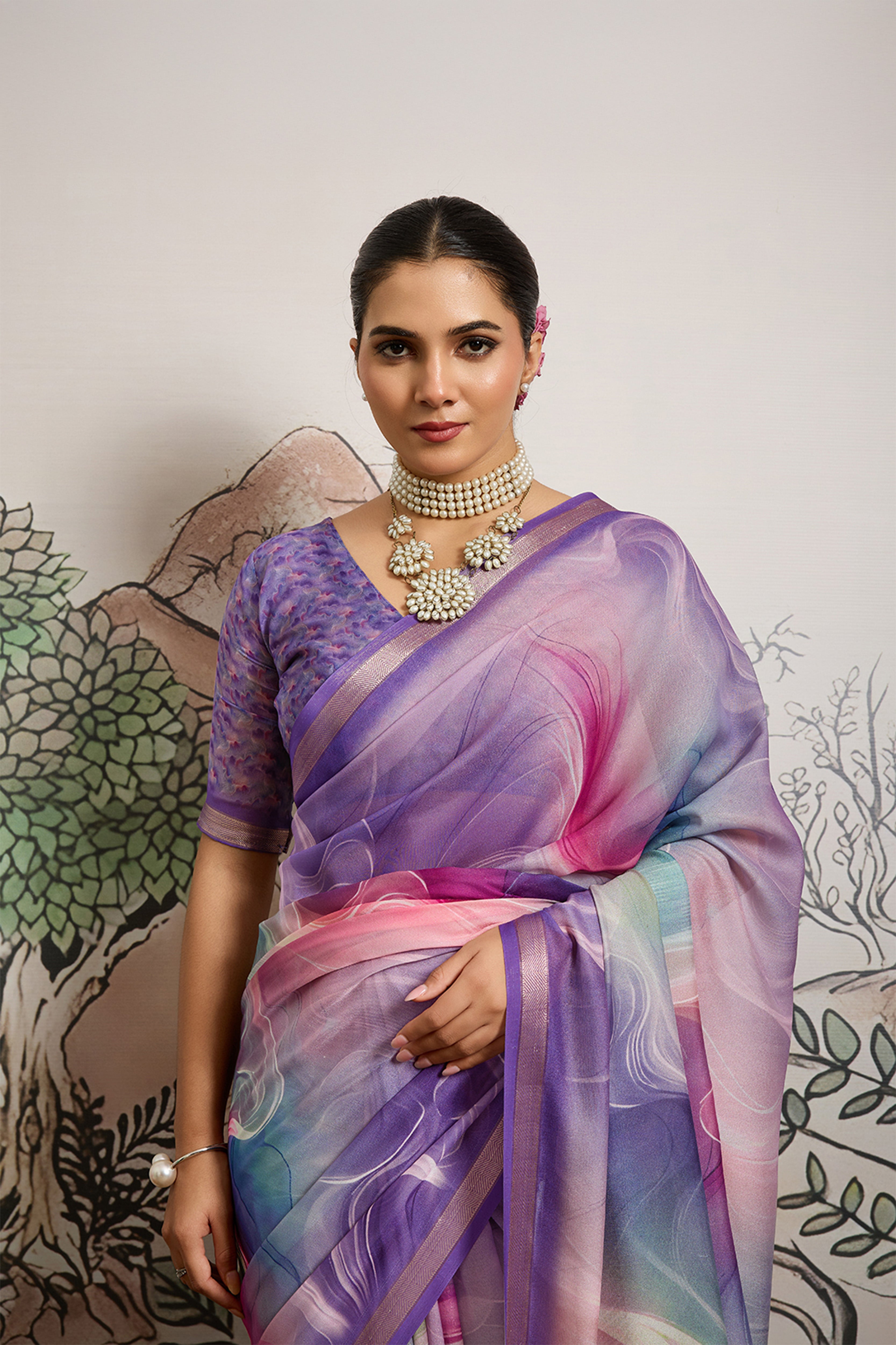 Lavender Moss Zari Printed Saree with Casab Zari Border