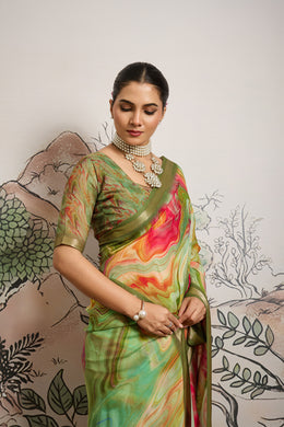 Green Moss Zari Printed Saree with Casab Zari Border