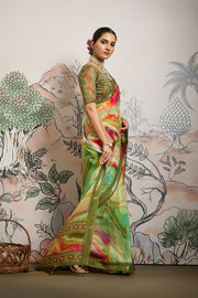 Green Moss Zari Printed Saree with Casab Zari Border