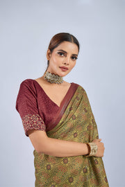 Mustard Chiffon Saree with Maroon Ajrak