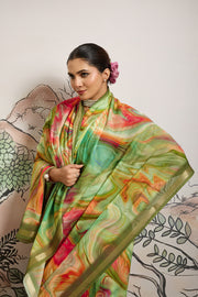 Green Moss Zari Printed Saree with Casab Zari Border