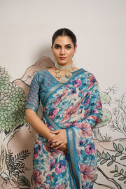 Light Blue Moss Zari Printed Saree with Casab Zari Border