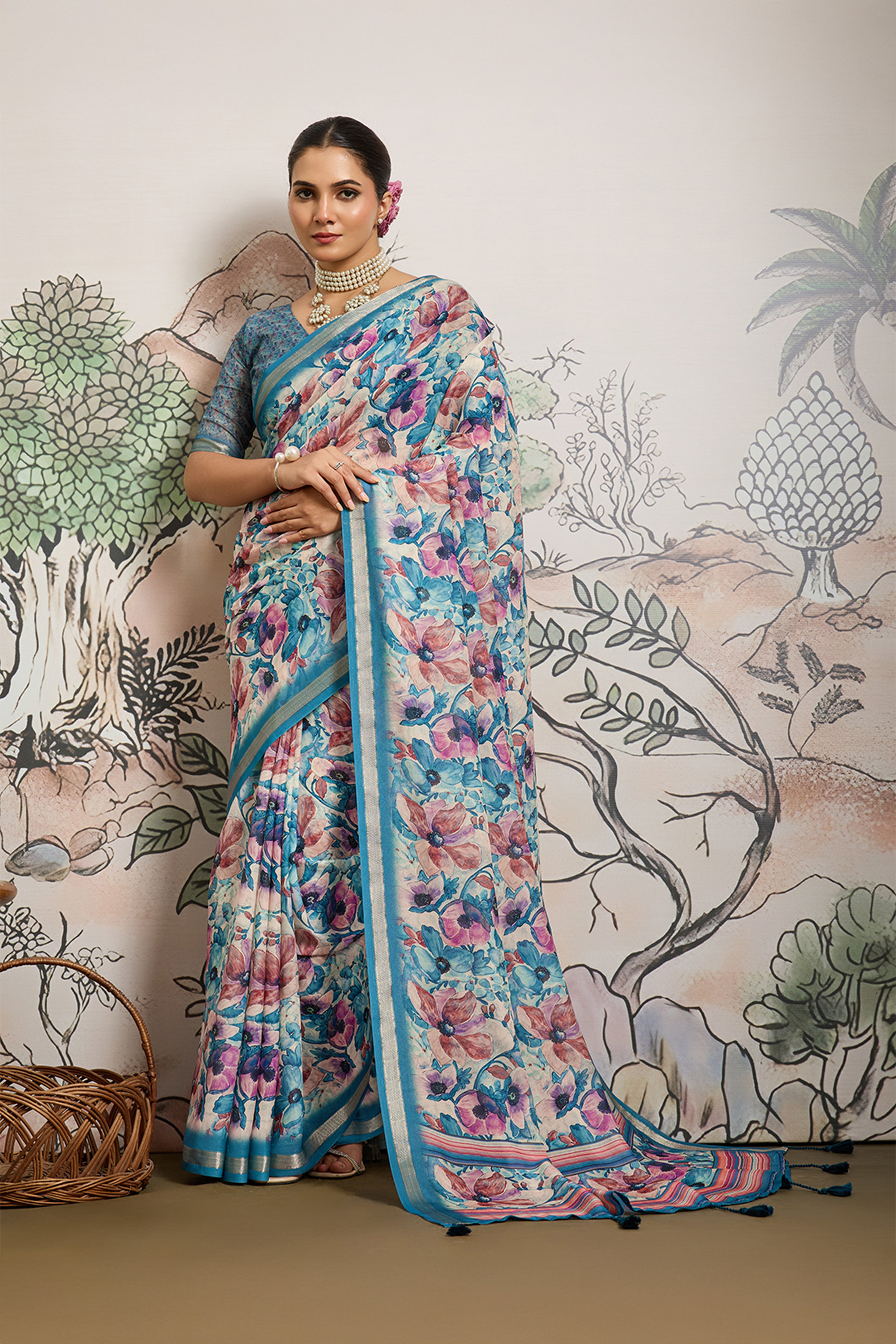 Light Blue Moss Zari Printed Saree with Casab Zari Border