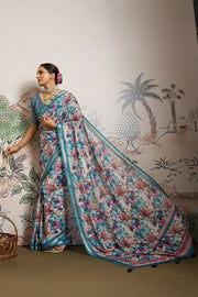 Light Blue Moss Zari Printed Saree with Casab Zari Border