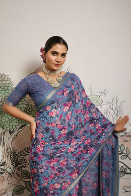 Greyish Blue Moss Zari Printed Saree with Casab Zari Border