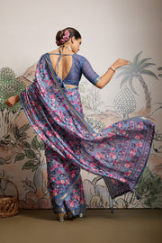 Greyish Blue Moss Zari Printed Saree with Casab Zari Border