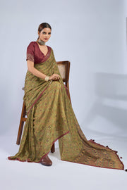 Mustard Chiffon Saree with Maroon Ajrak