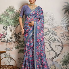 Greyish Blue Moss Zari Printed Saree with Casab Zari Border sedoracouture