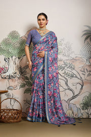 Greyish Blue Moss Zari Printed Saree with Casab Zari Border