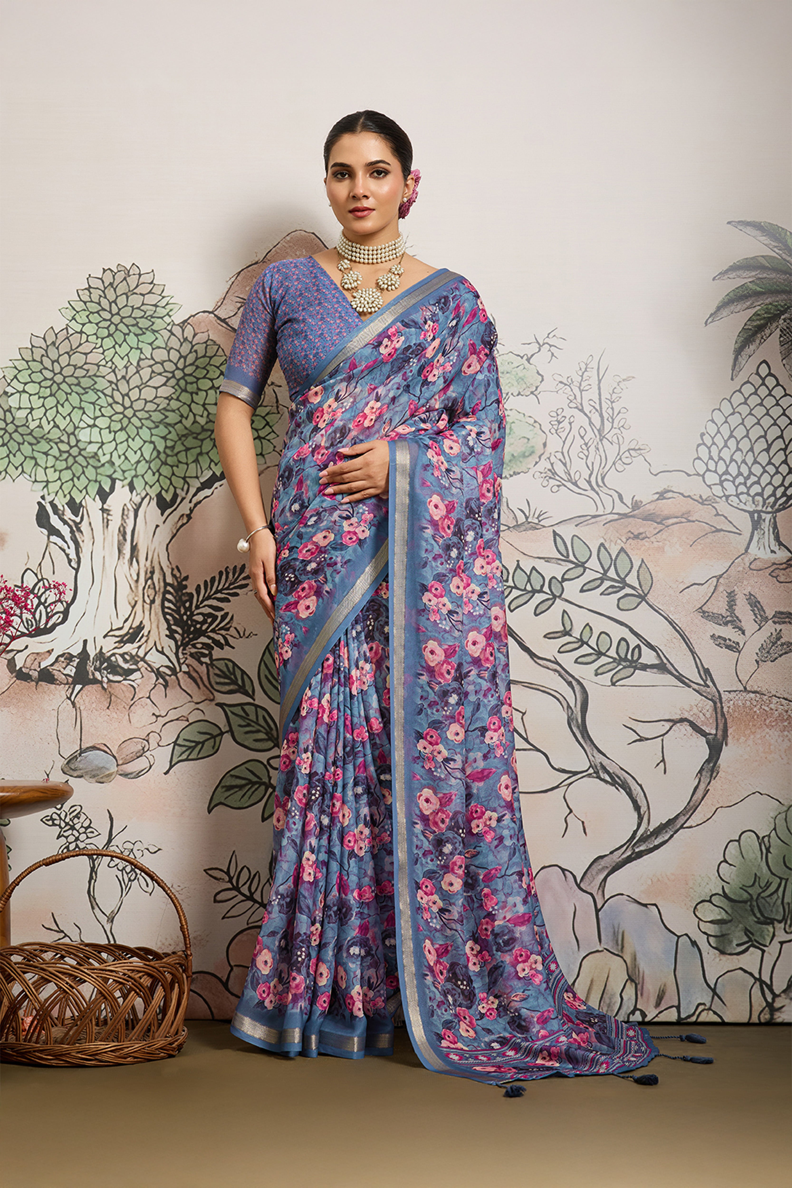 Greyish Blue Moss Zari Printed Saree with Casab Zari Border