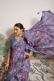 Greyish Blue Moss Zari Printed Saree with Casab Zari Border