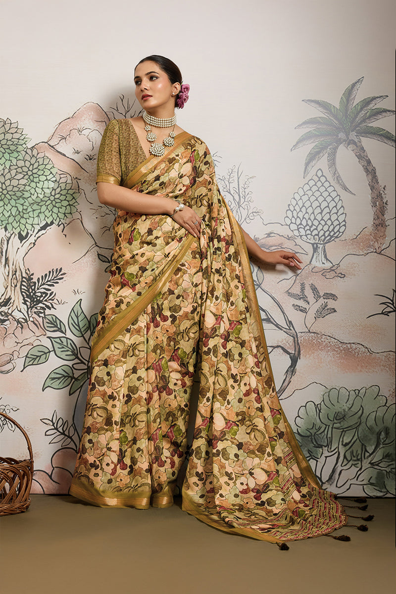 Mustard Moss Zari Printed Saree with Casab Zari Border sedoracouture