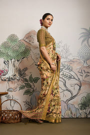 Mustard Moss Zari Printed Saree with Casab Zari Border