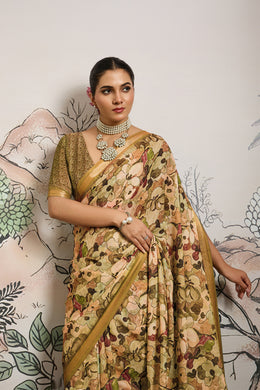 Mustard Moss Zari Printed Saree with Casab Zari Border
