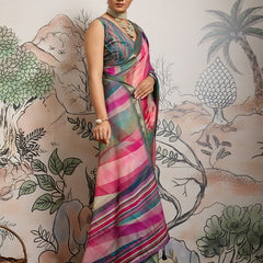 Multi-Colour Moss Zari Printed Saree with Casab Zari Border sedoracouture