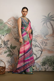 Multi-Colour Moss Zari Printed Saree with Casab Zari Border