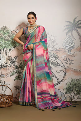 Multi-Colour Moss Zari Printed Saree with Casab Zari Border